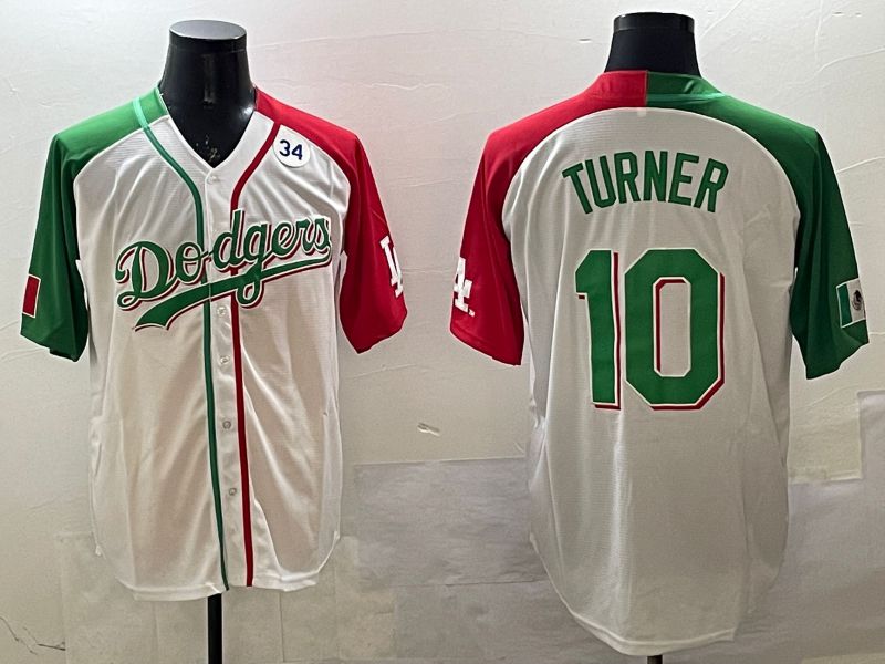 Men Los Angeles Dodgers 10 Turner White Green Game 2025 Nike MLB Jersey style 4
